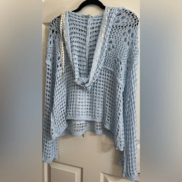 POL Blue V-Neck Crochet Front Pockets Hoodie Oversized Small - Picture 2 of 6